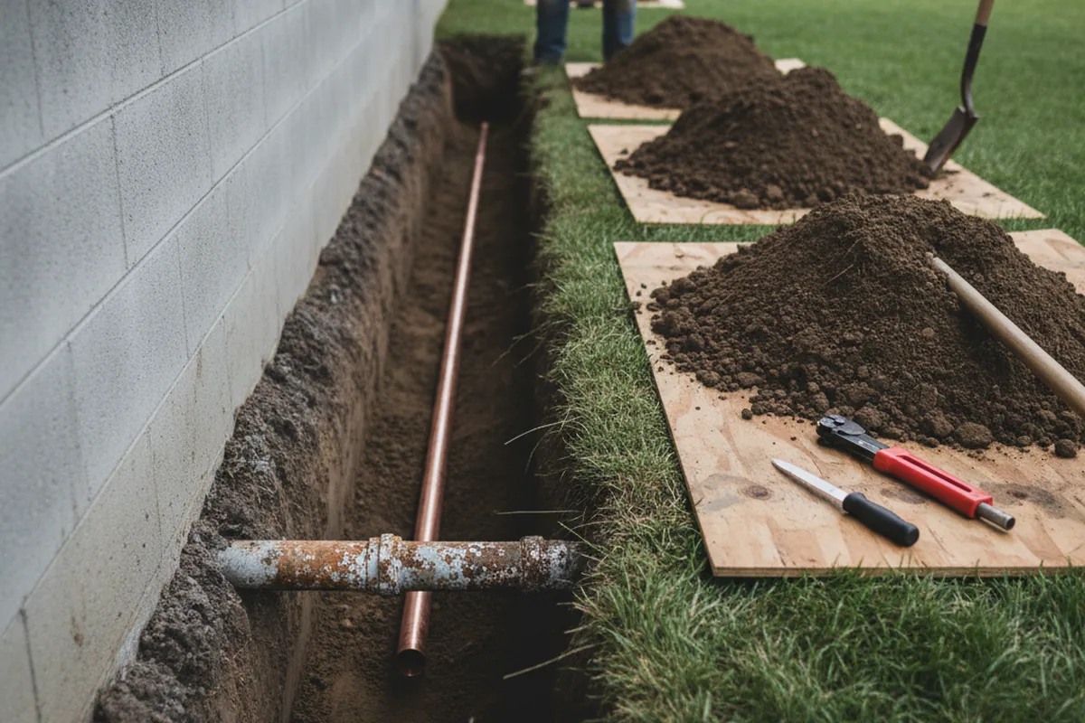Excavated water line trench during Water Heater Repair in West Nottingham